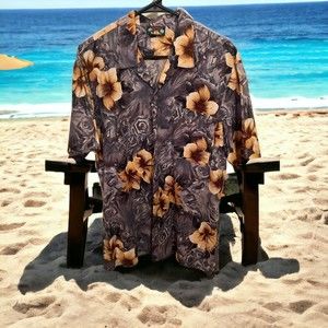 Men's Hawaii Blues Button Front Short Sleeve Hawaiian Style Aloha Shirt Large